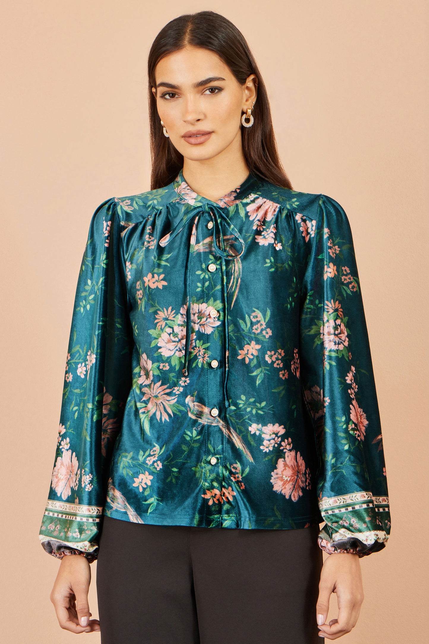 Yumi Green Floral Velvet Blouse With Tie Neckline Tops Yumi