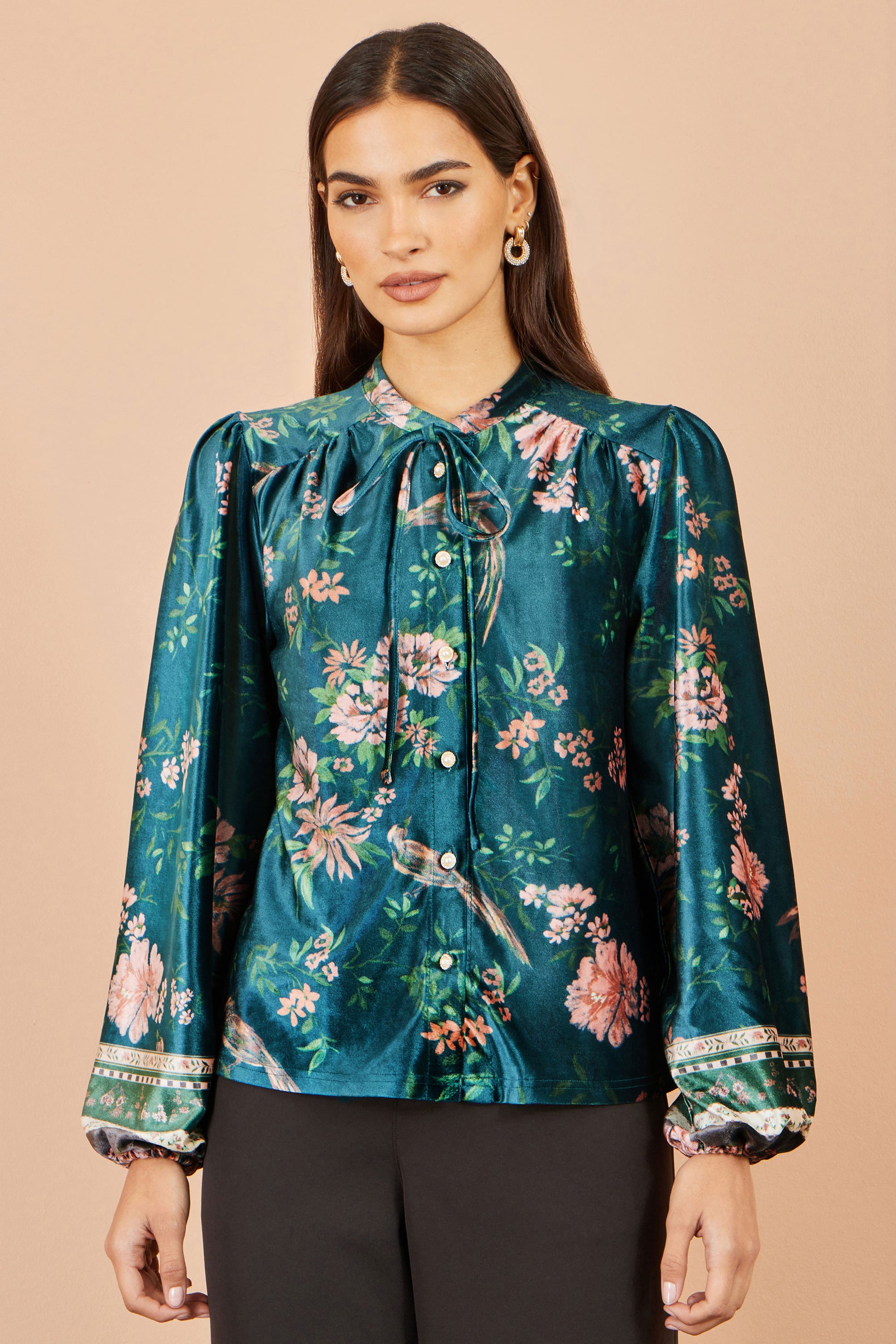 Yumi Green Floral Velvet Blouse With Tie Neckline Tops Yumi