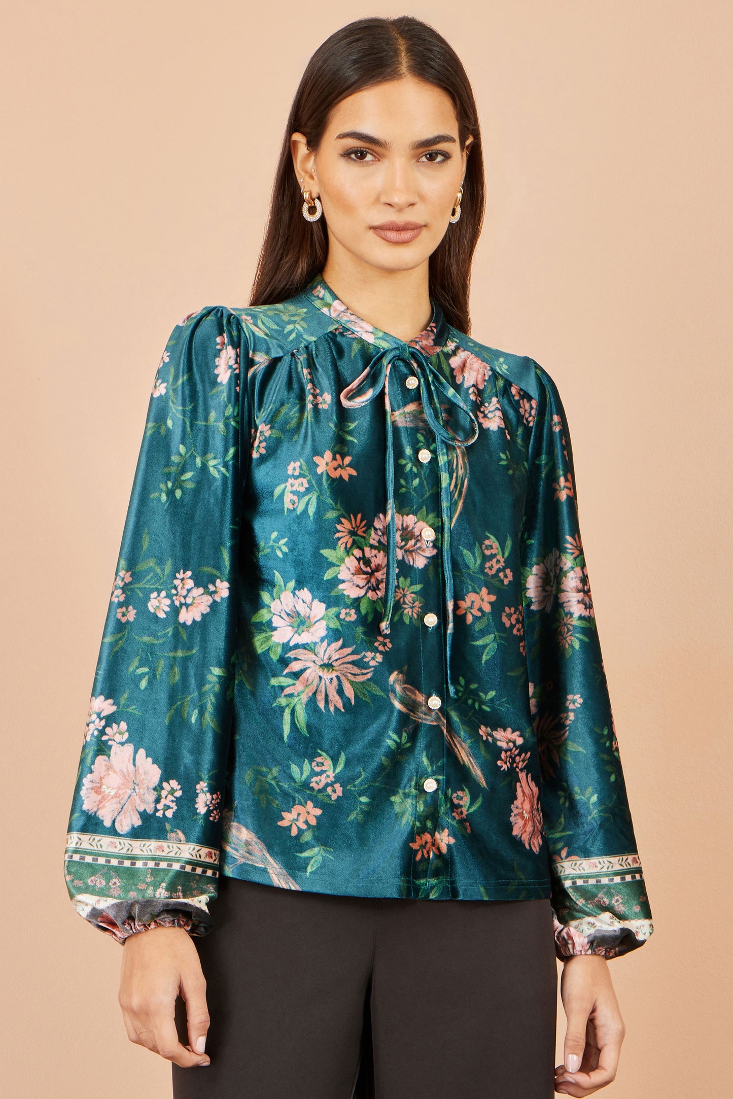Yumi Green Floral Velvet Blouse With Tie Neckline Tops Yumi