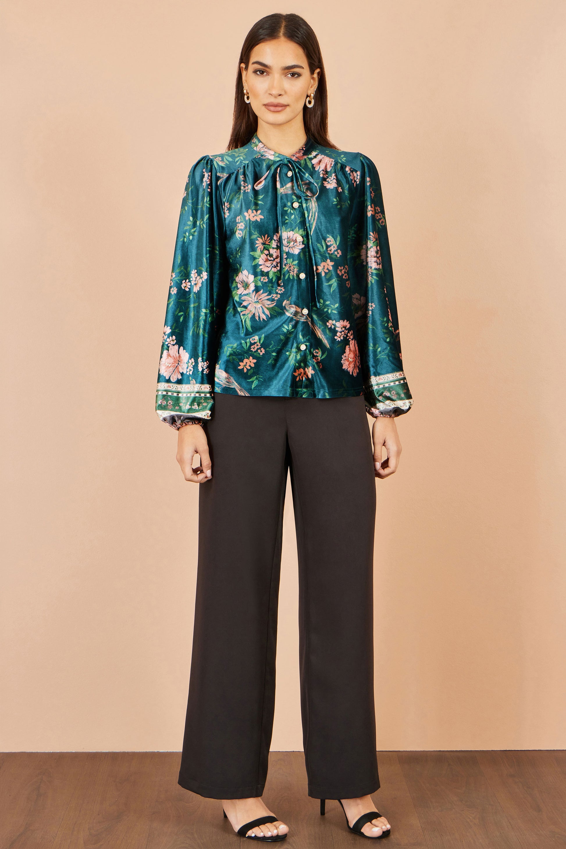 Yumi Green Floral Velvet Blouse With Tie Neckline Tops Yumi