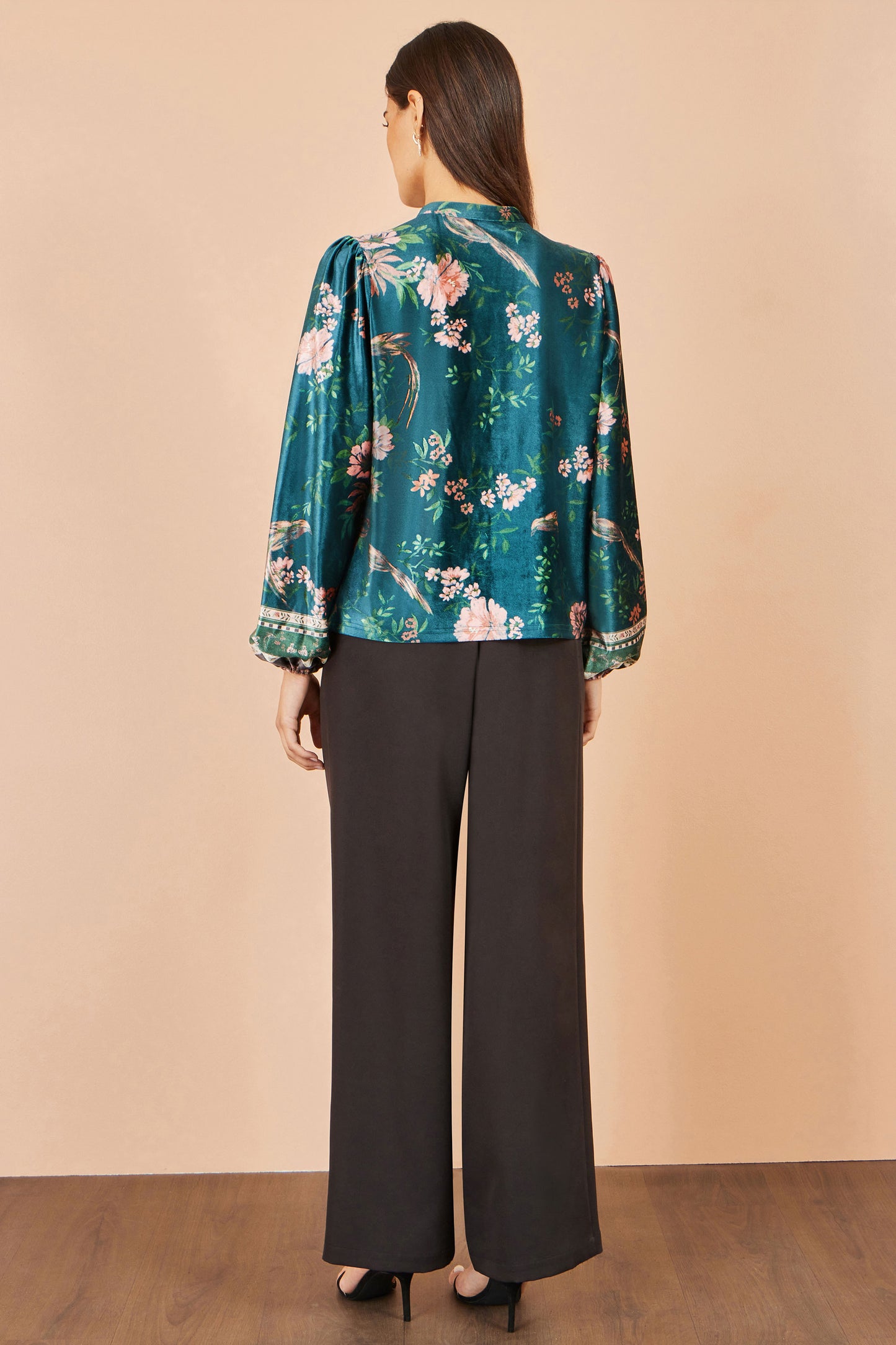 Yumi Green Floral Velvet Blouse With Tie Neckline Tops Yumi