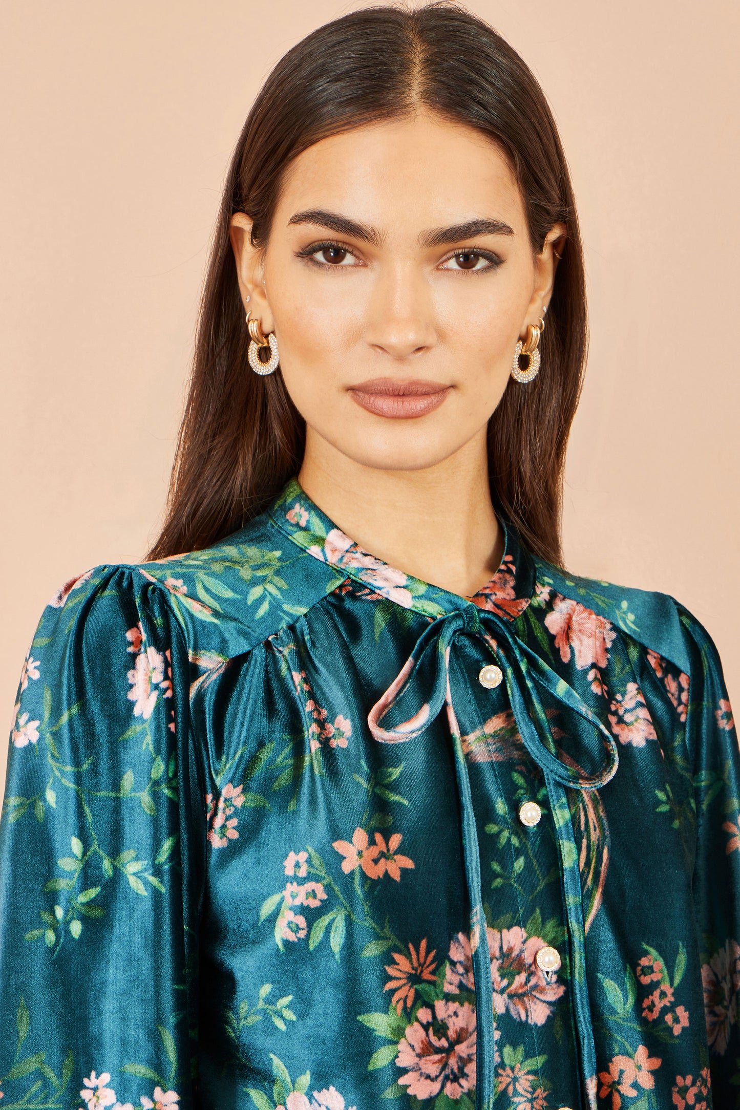Yumi Green Floral Velvet Blouse With Tie Neckline Tops Yumi