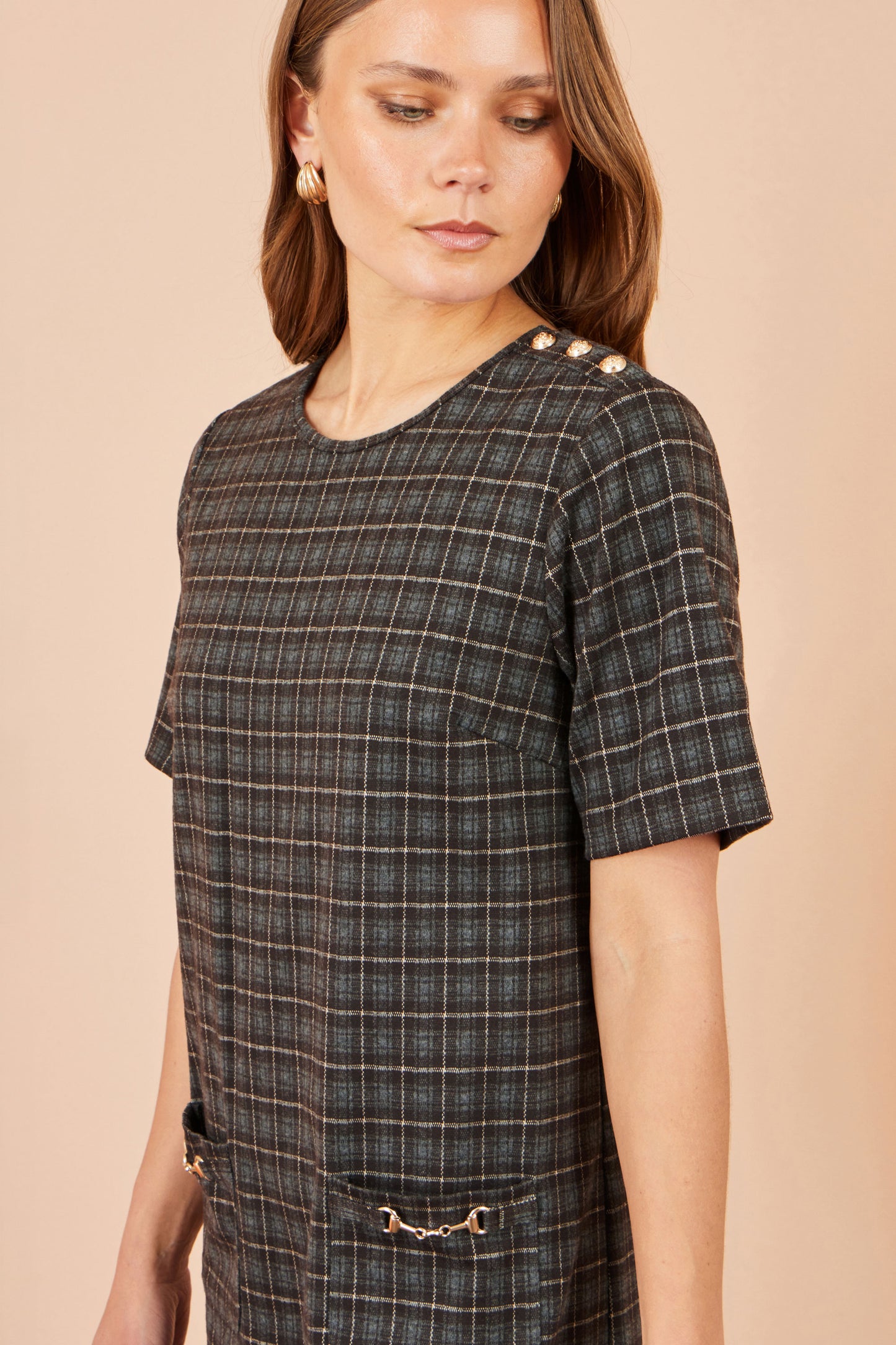 Yumi Brown Check Tunic With Buckles Dress Casual Yumi