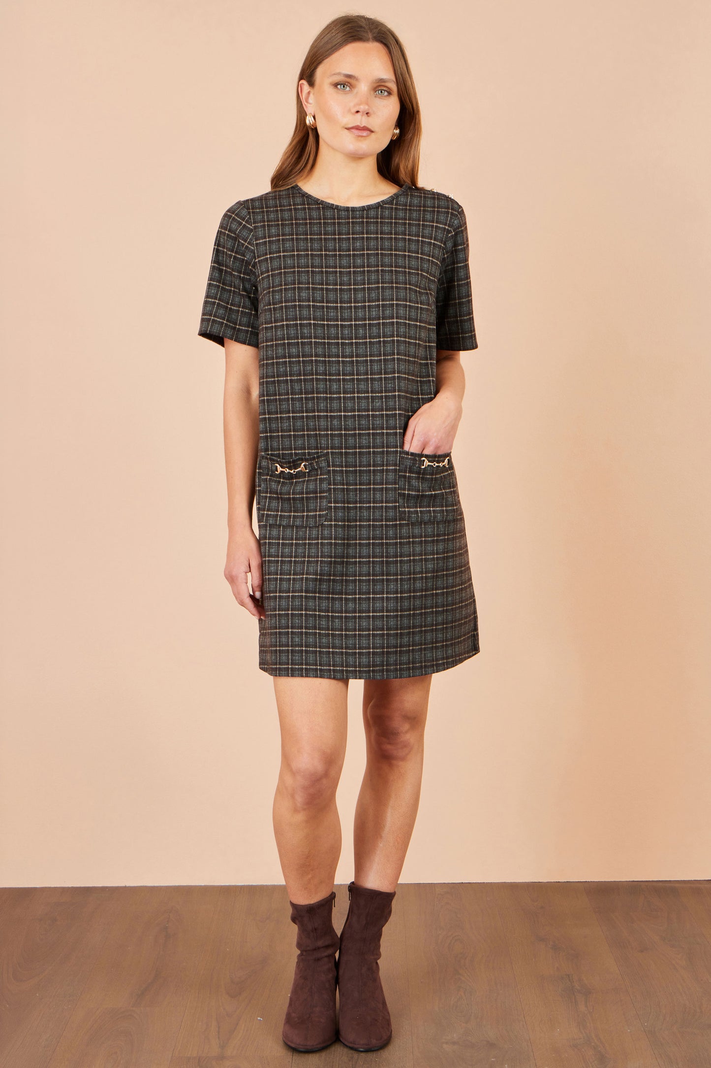 Yumi Brown Check Tunic With Buckles Dress Casual Yumi