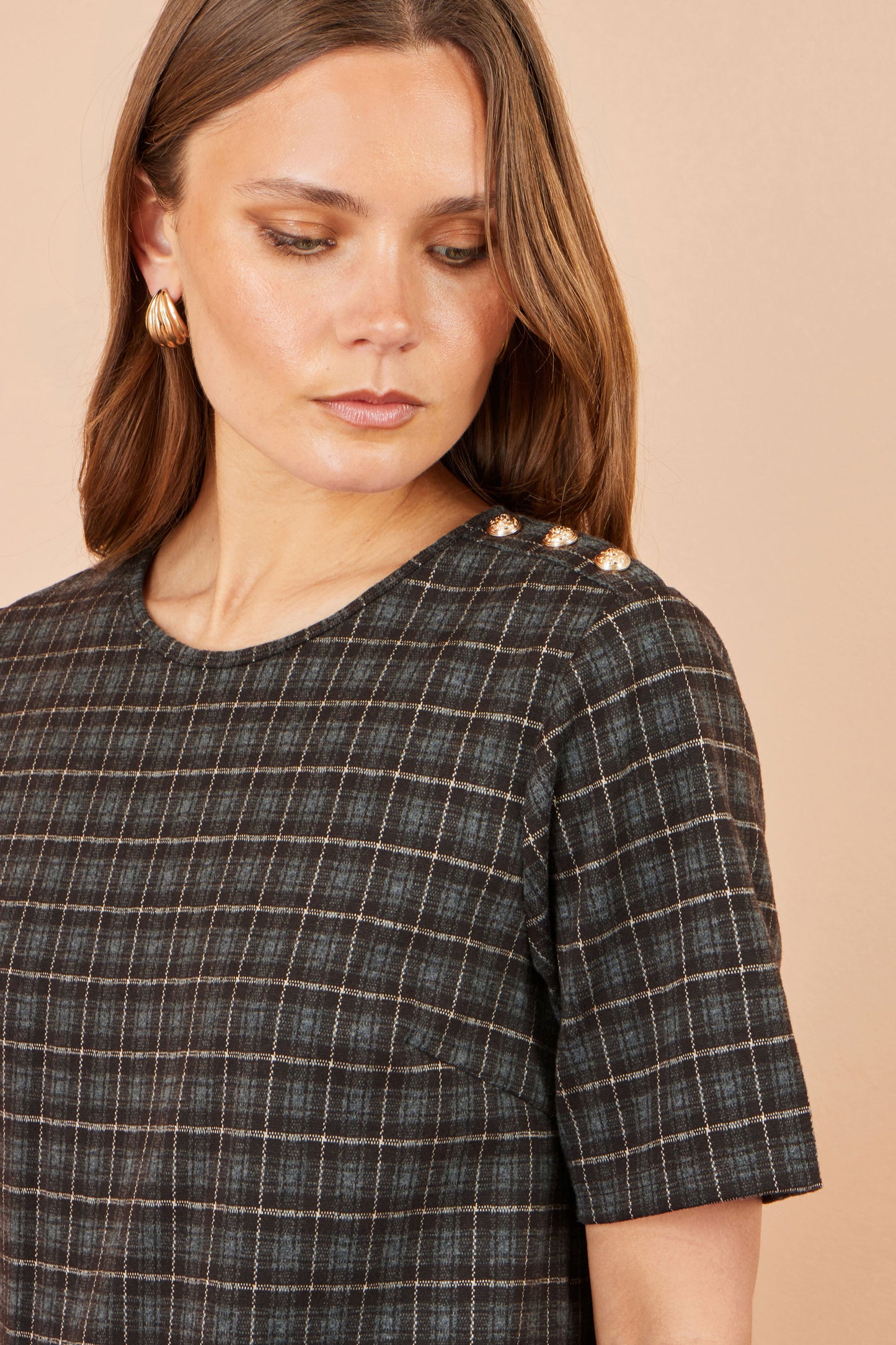 Yumi Brown Check Tunic With Buckles Dress Casual Yumi
