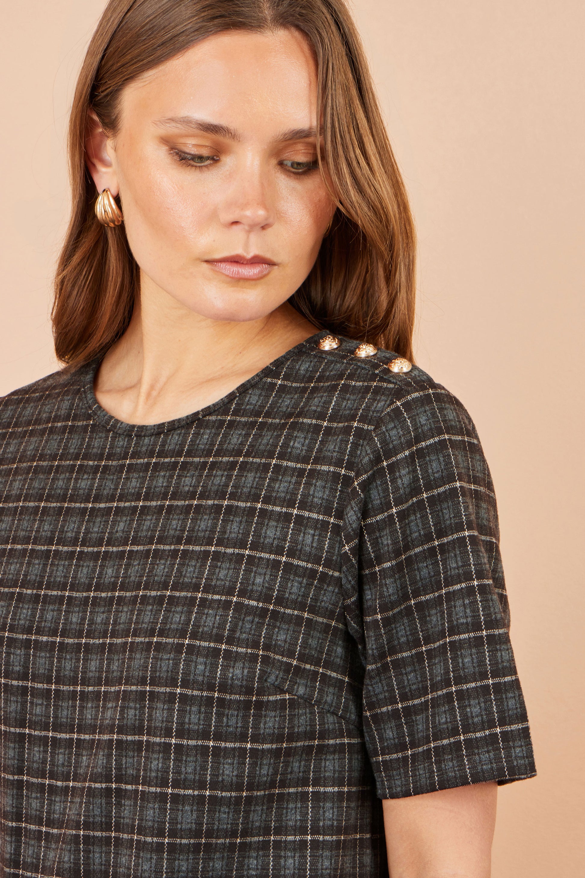 Yumi Brown Check Tunic With Buckles Dress Casual Yumi