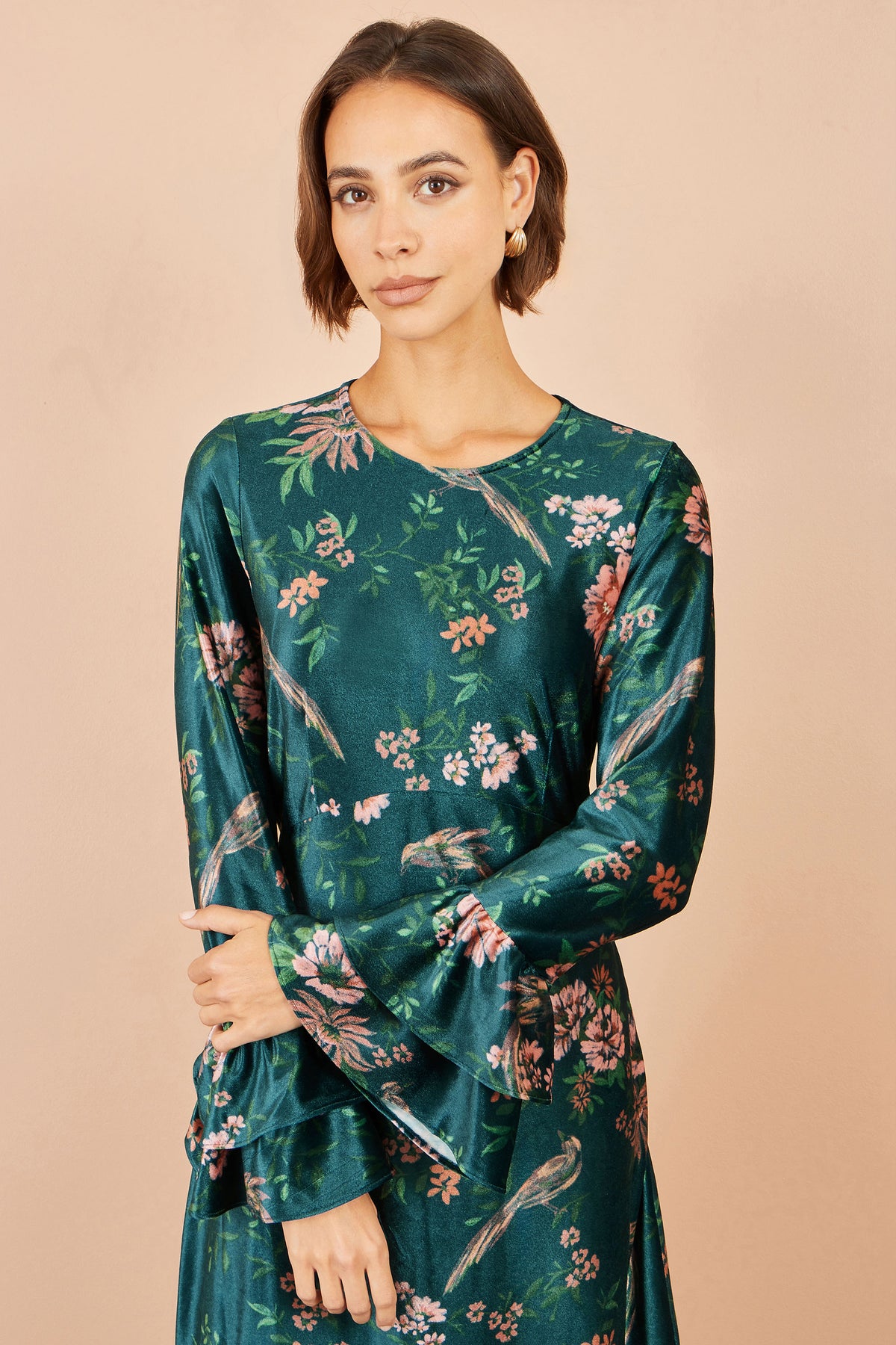 Yumi Green Printed Velvet Midi Frill Dress Dress Occasion Yumi