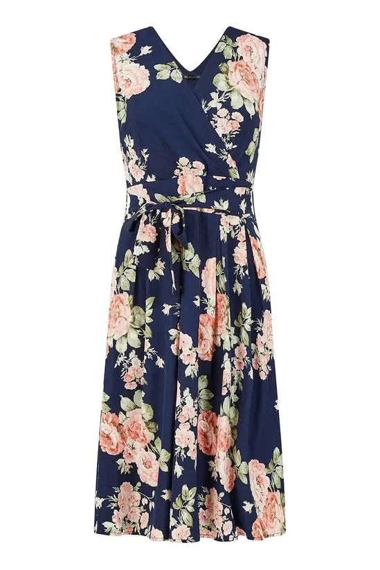Mela Navy Rose Printed Wrap Over Sleeveless Skater Dress Mela