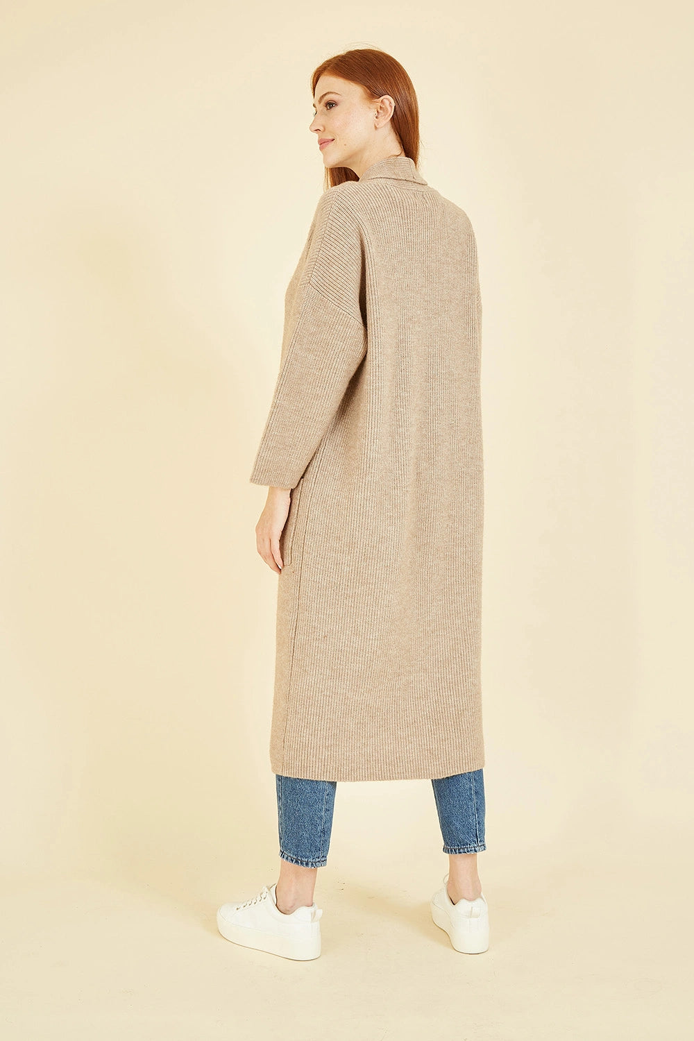 Yumi Oatmeal Knitted Maxi Cardigan With Pockets Yumi