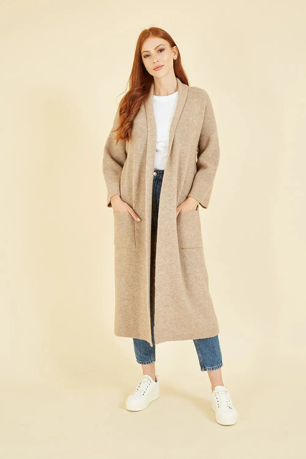 Yumi Oatmeal Knitted Maxi Cardigan With Pockets Yumi