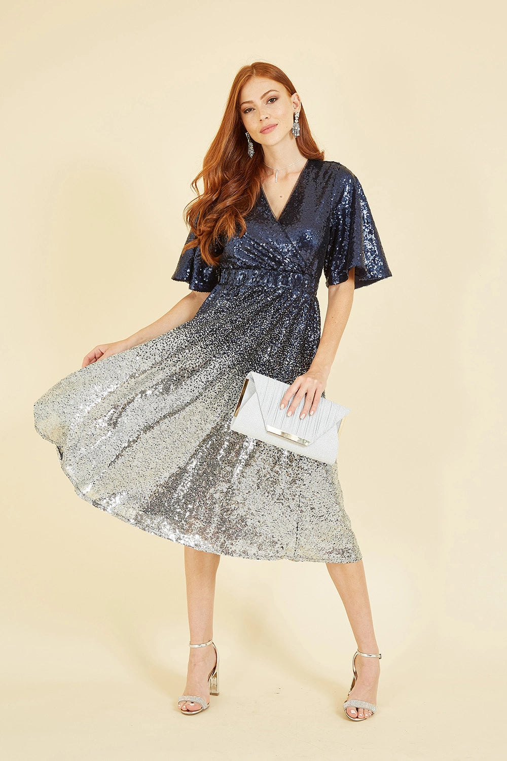 Yumi Navy and Silver Ombre Sequin Midi Wrap Dress Yumi