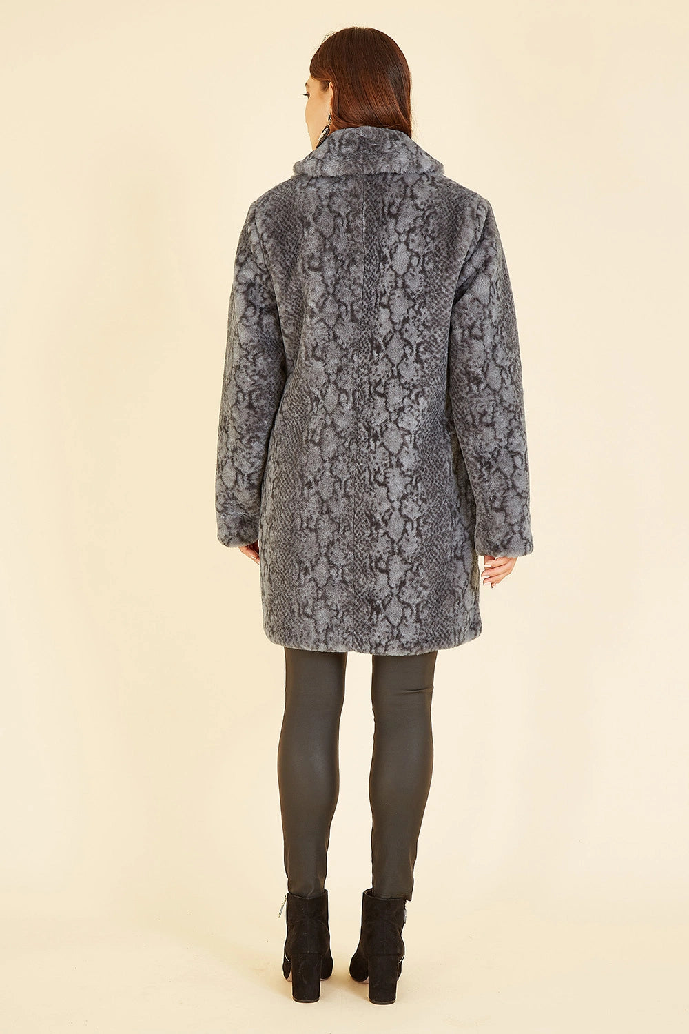 Yumi Grey Snakeskin Print Faux Fur Coat Yumi