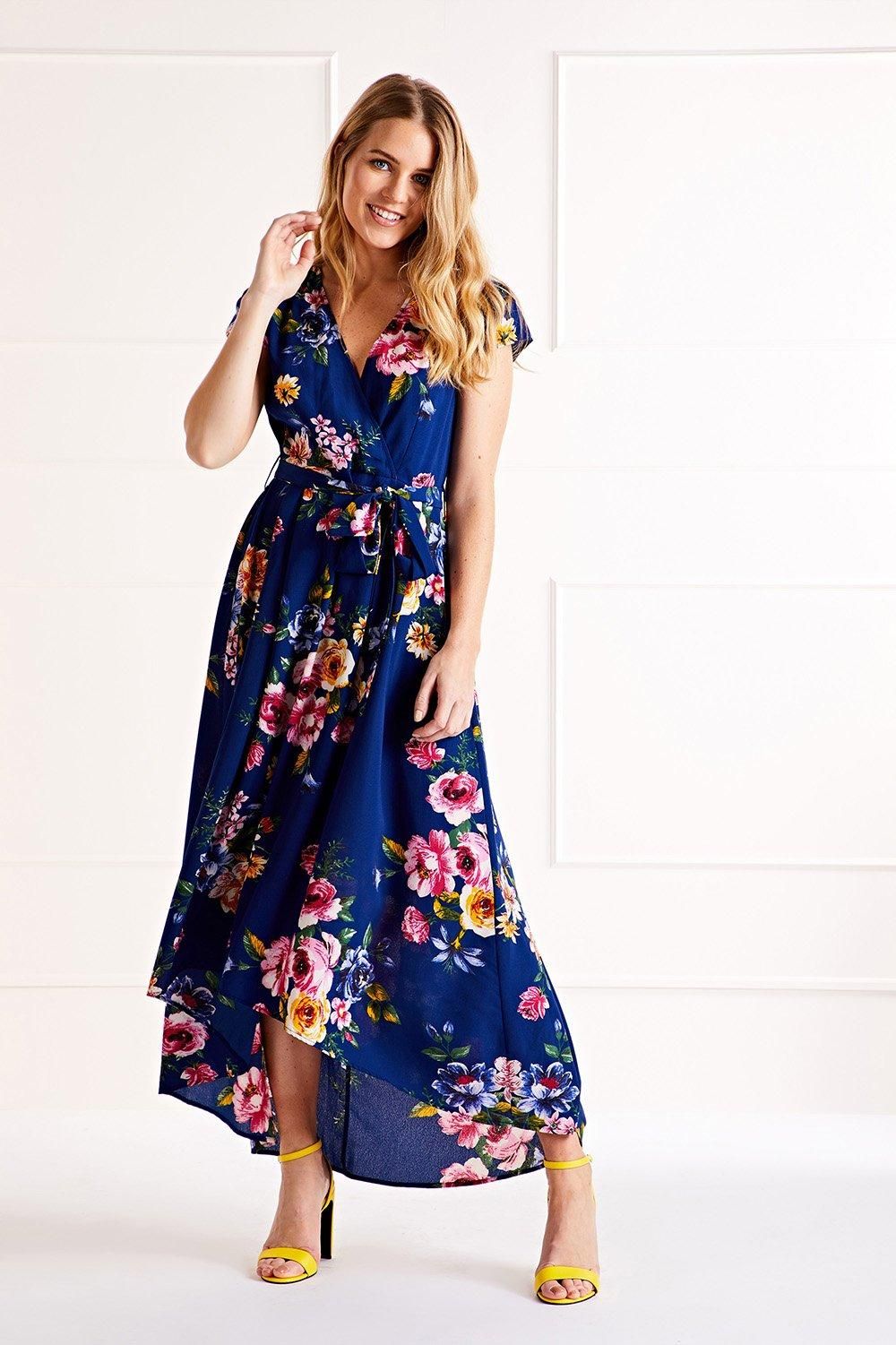 Mela Blue Floral Wrap Over Dipped Hem Midi Dress | Mela