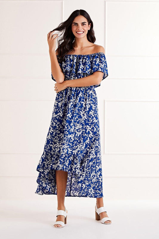 Mela Blue Ditsy Print Bardot Dipped Hem Dress Mela