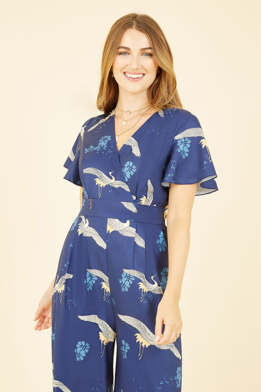 Yumi Black Crane Print Angel Sleeve Jumpsuit Yumi
