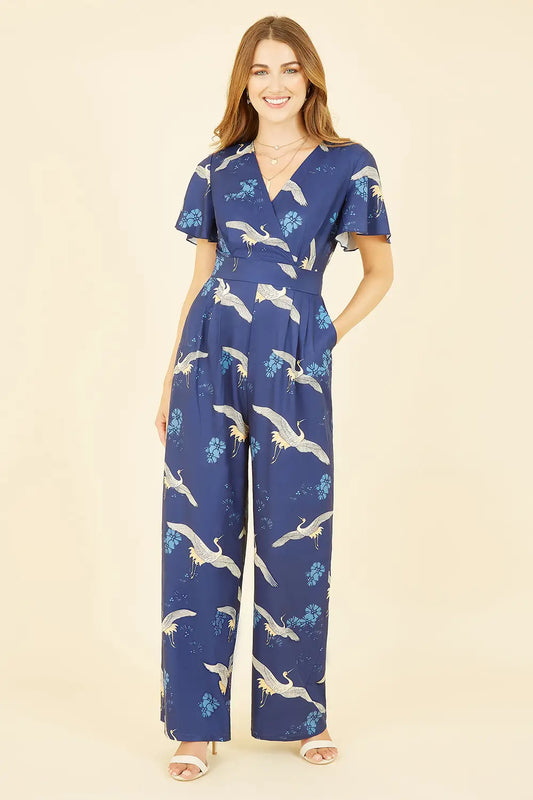 Yumi Black Crane Print Angel Sleeve Jumpsuit Yumi