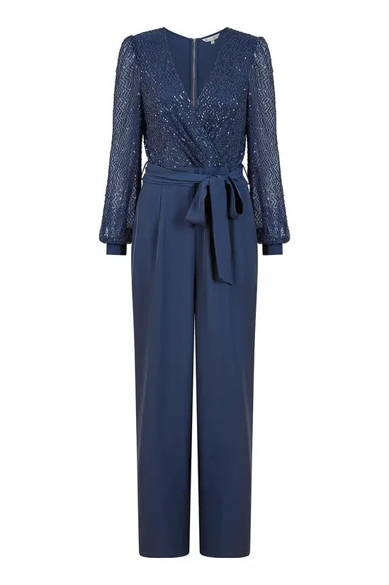 Yumi Navy Sequin Jumpsuit With Long Sleeves Yumi