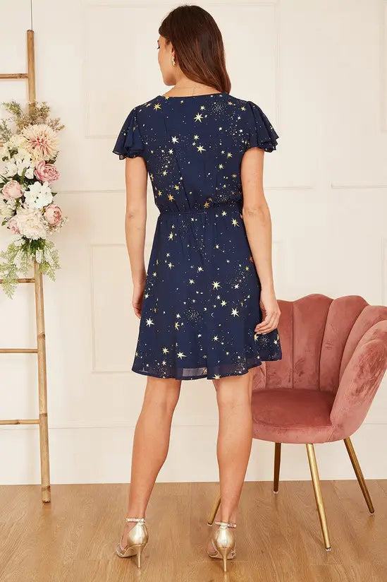 Mela Navy Foil Star Print Wrap Skater Dress | Mela Yumi Mela Navy Foil Star Print Wrap Skater Dress | Mela Yumi