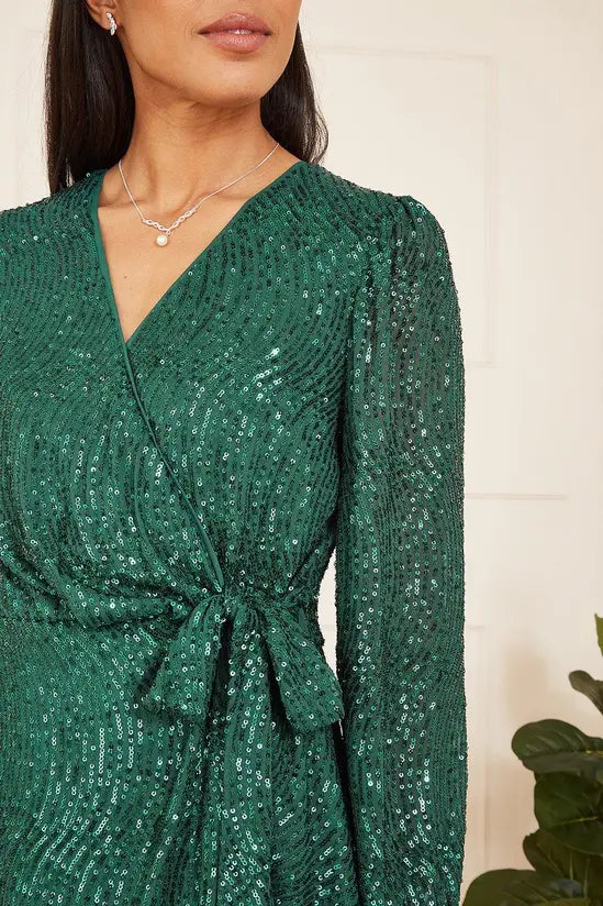 Mela Green Sequin Long Sleeve Frill Wrap Dress Mela