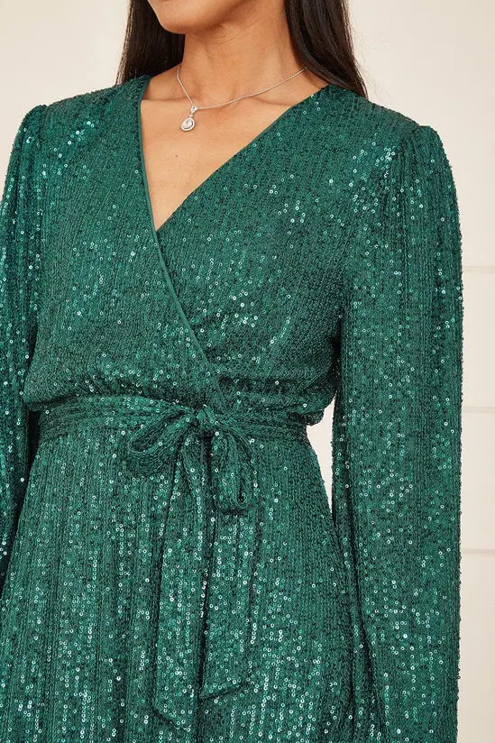 Mela Green Sequin Belted Wrap Long Sleeve Dress Mela