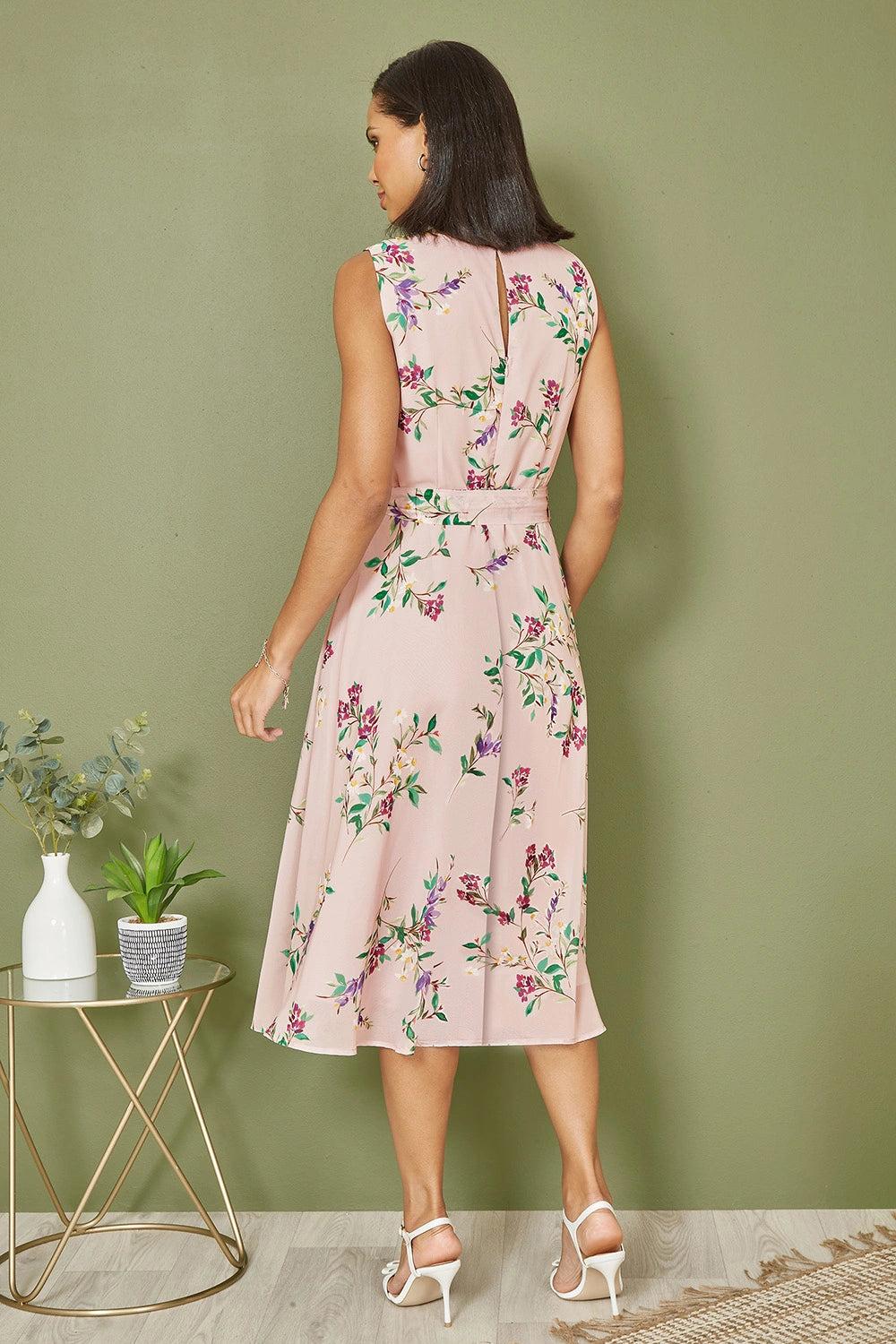 Yumi Blush Floral Print Midi Skater Dress Yumi