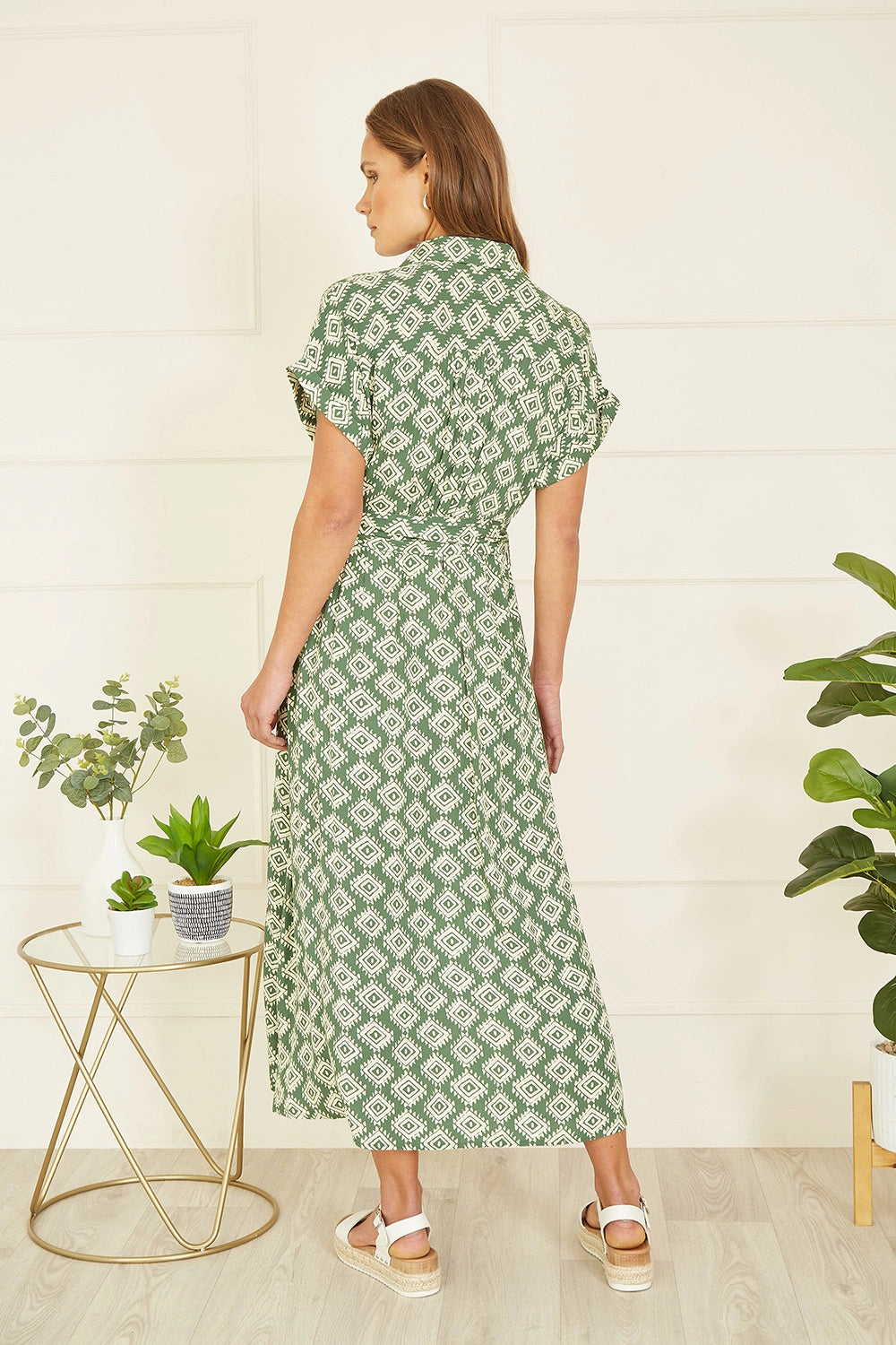 Yumi Green Viscose Midi Shirt Dress With Matching Belt Yumi