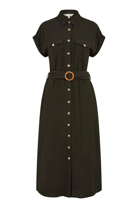 Yumi Black Viscose Linen Look Midi Shirt Dress With Wooden Belt | Yumi Yumi Black Viscose Linen Look Midi Shirt Dress With Wooden Belt | Yumi