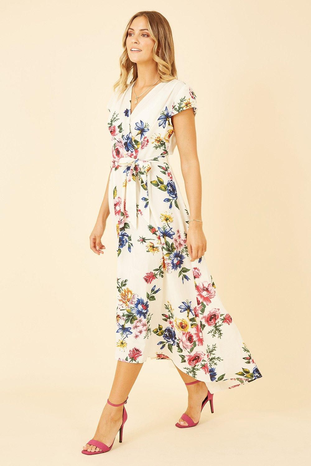 Mela Ivory Floral Wrap Dip Hem Dress Mela