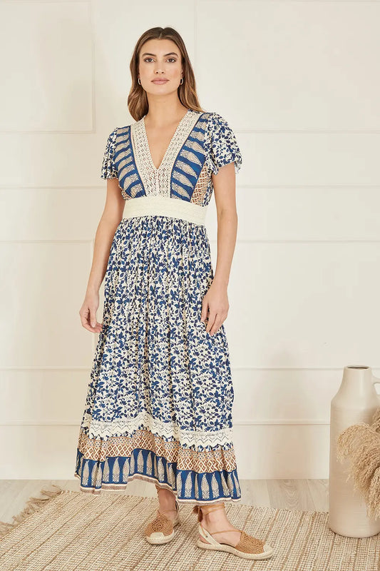 Yumi Navy Viscose Leaf Print Maxi Dress With Lace Trim Yumi