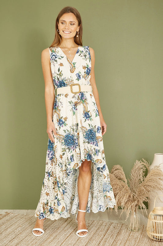 Yumi Premium Ivory Floral Print Broderie Anglaise Cotton Dip Hem Midaxi Dress Yumi
