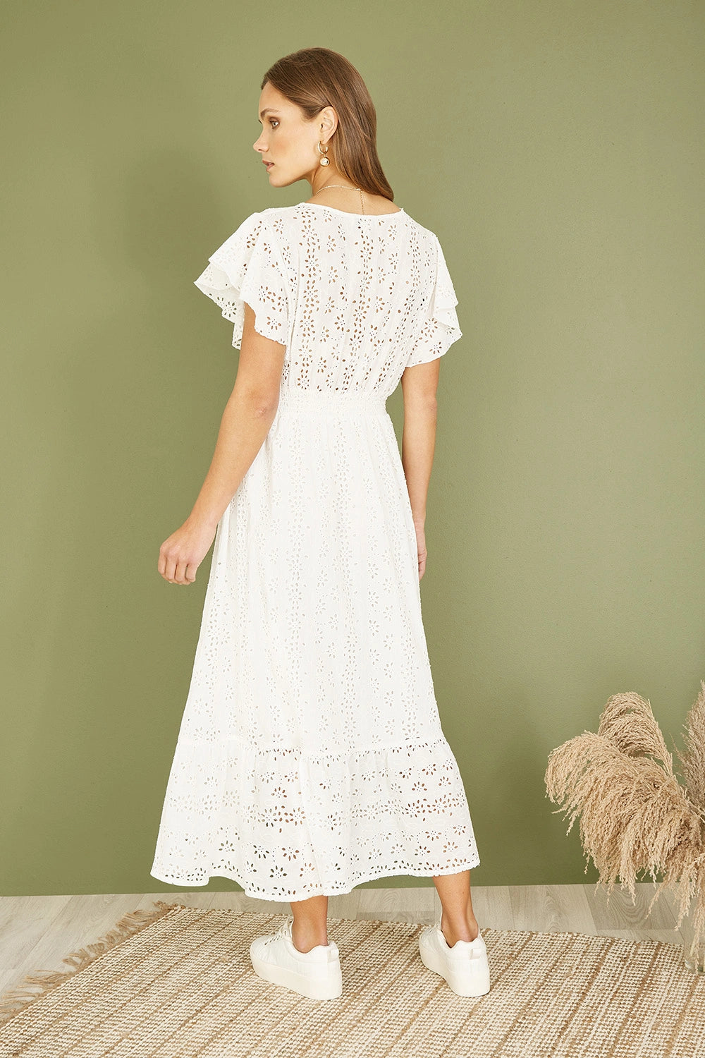 Yumi White Cotton Broderie Anglaise Wrap Midi Dress Yumi