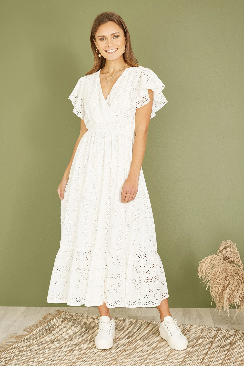 midi broderie dress Yumi White Cotton Broderie Anglaise Wrap Midi Dress