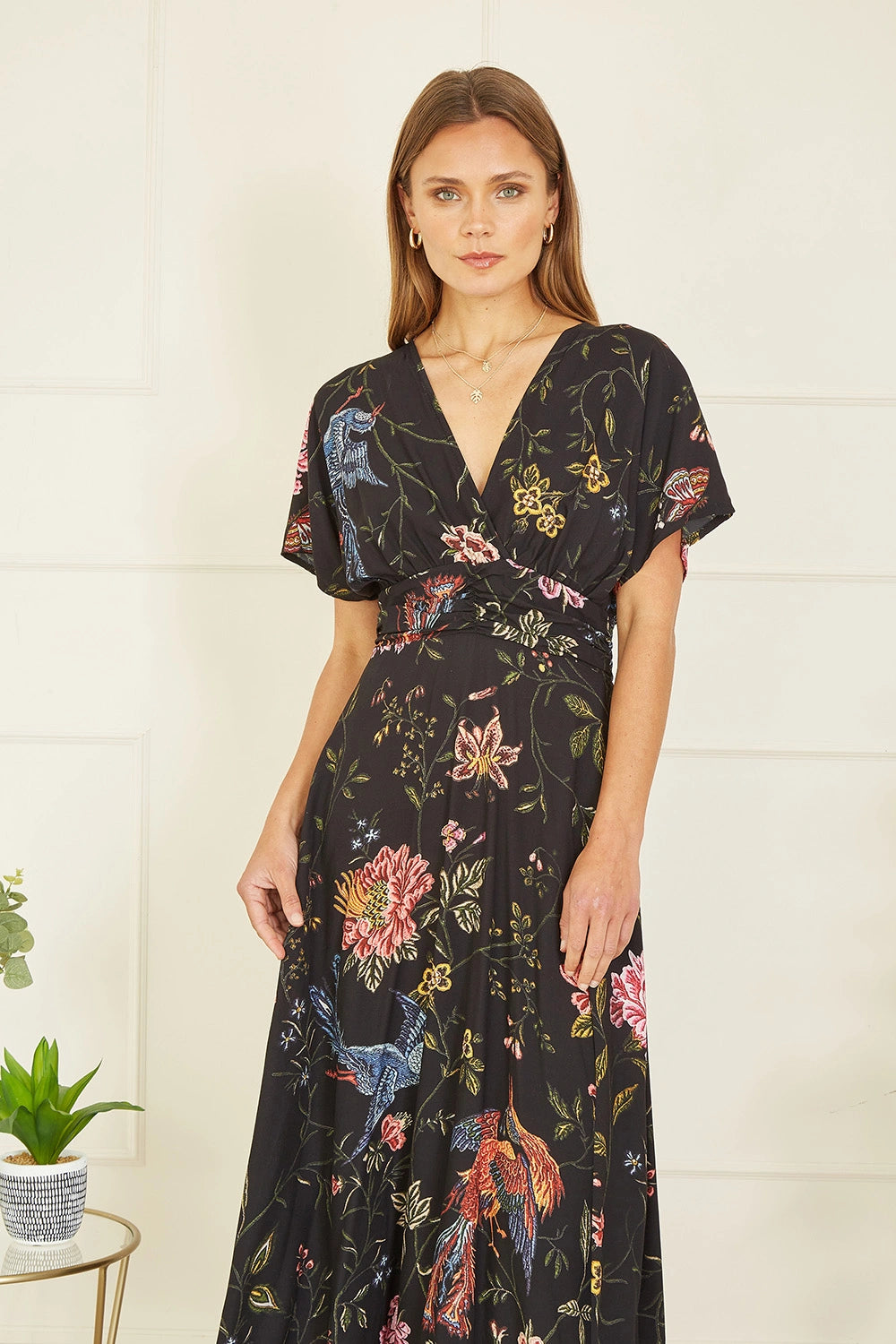 Yumi Black Viscose Bird and Floral Print Kimono Midi Dress | Yumi