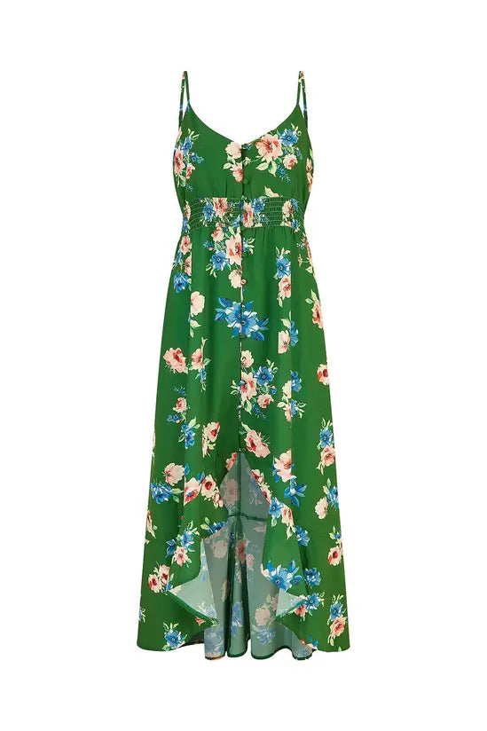 Mela Green Floral High Low Frill Midi Dress Mela