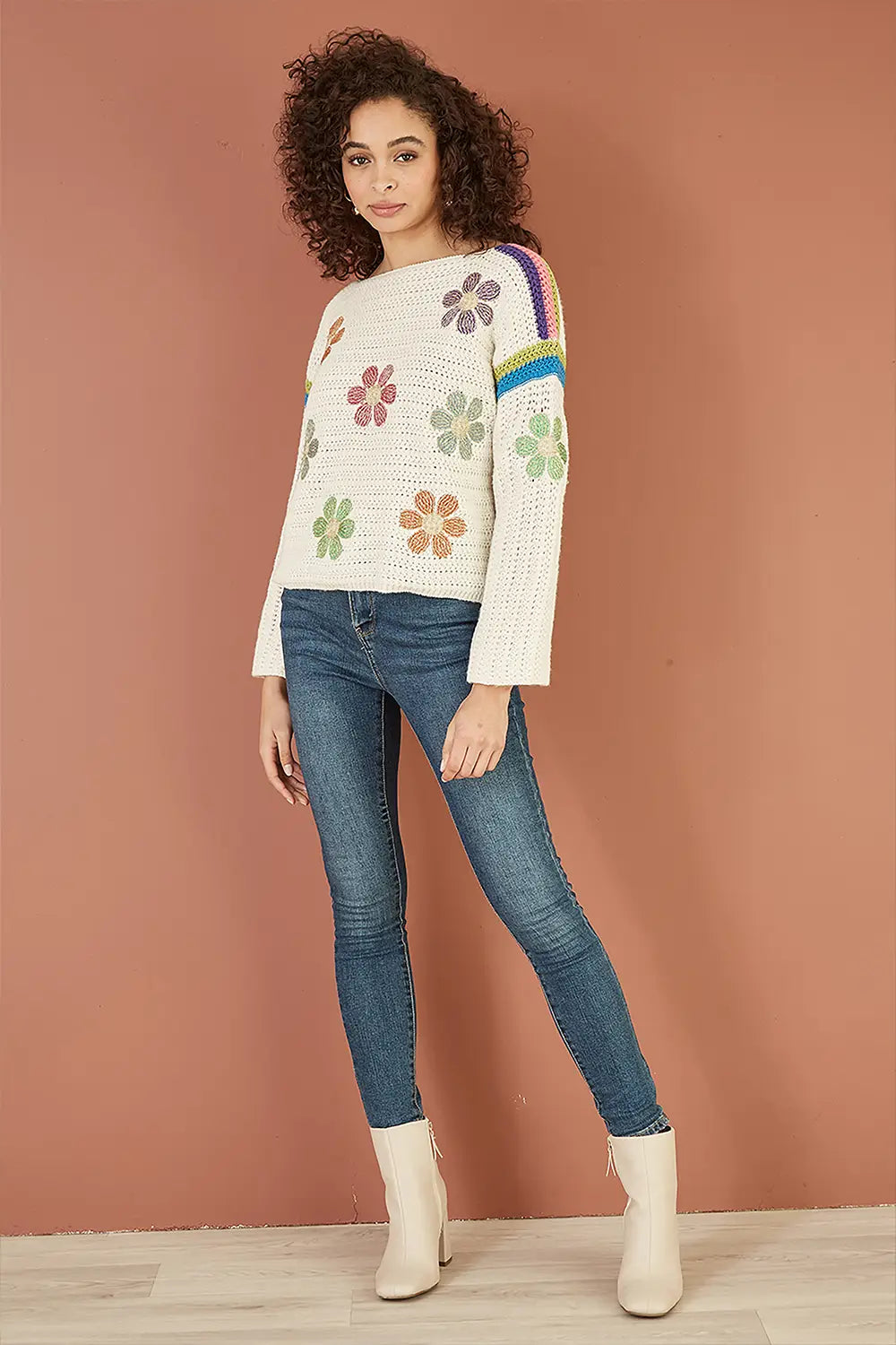 Yumi Cream Crochet Flower Jumper | Yumi