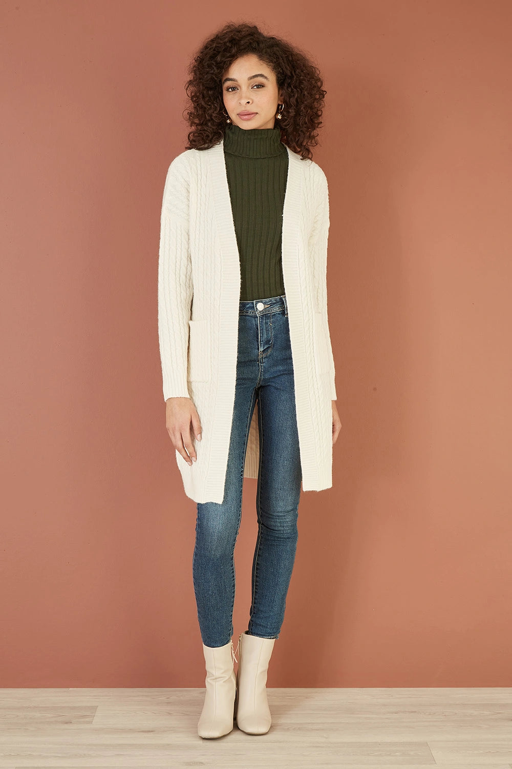 Yumi Ivory Cable Knit Edge to Edge Long Cardigan With Pockets Yumi