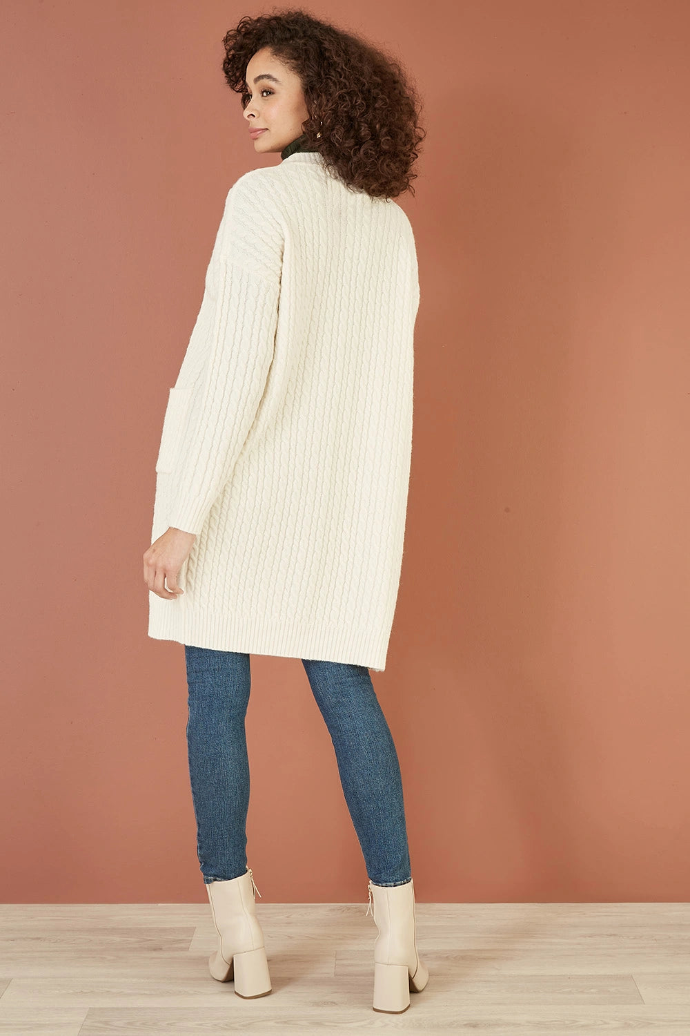 Yumi Ivory Cable Knit Edge to Edge Long Cardigan With Pockets Yumi