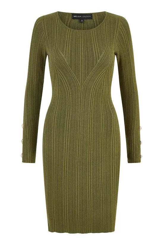 Yumi Green Shimmer Fitted Midi Dress With Button Yumi