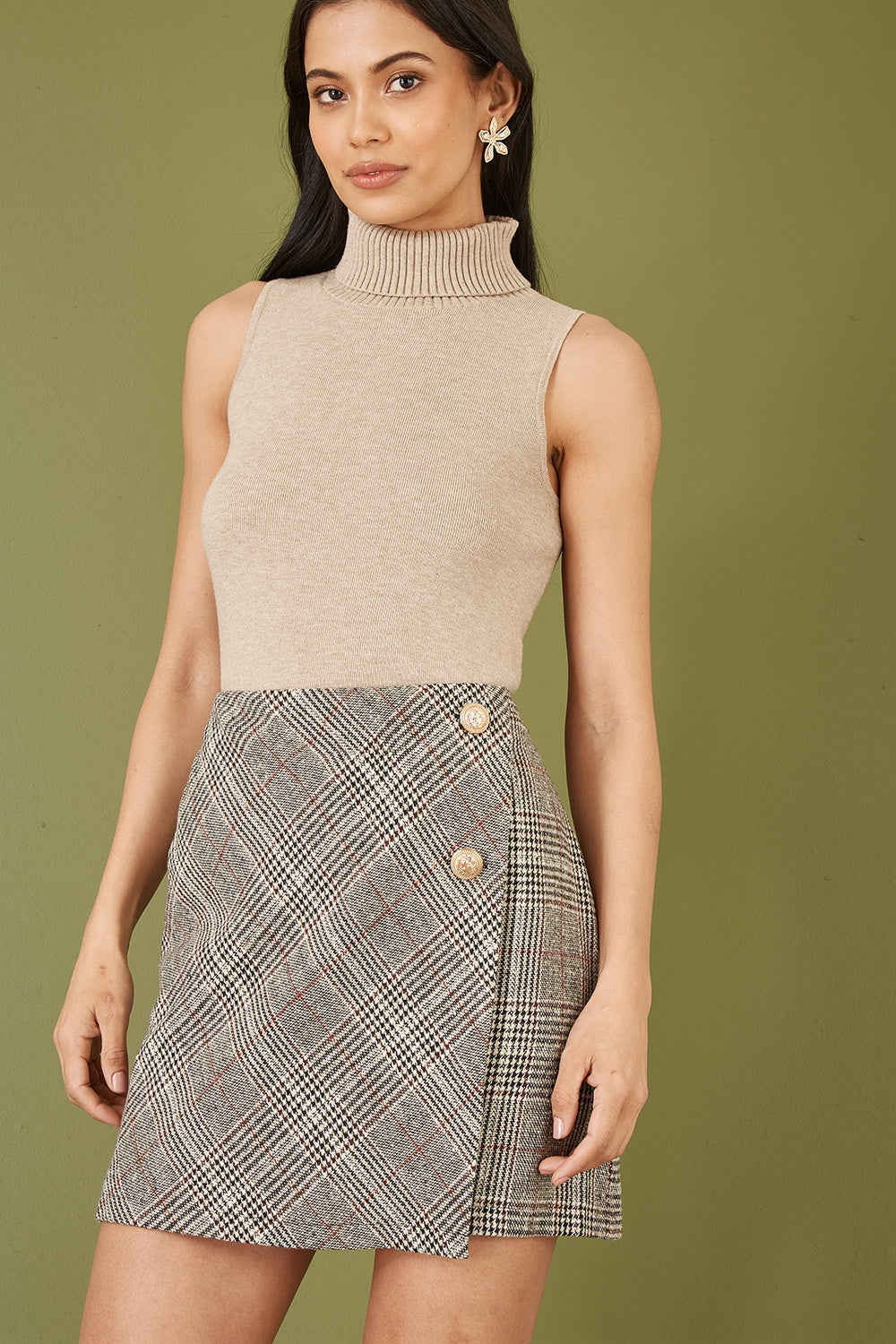 Oatmeal Knitted Roll Neck Sleeveless Jumper