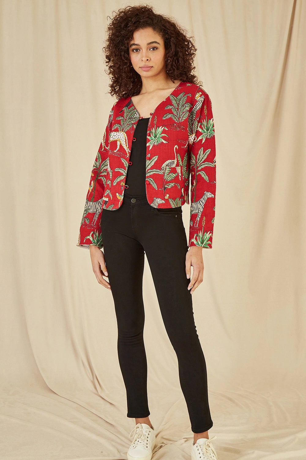 Yumi Red Animal Print Reversible Cotton Cropped Quilted Jacket Yumi