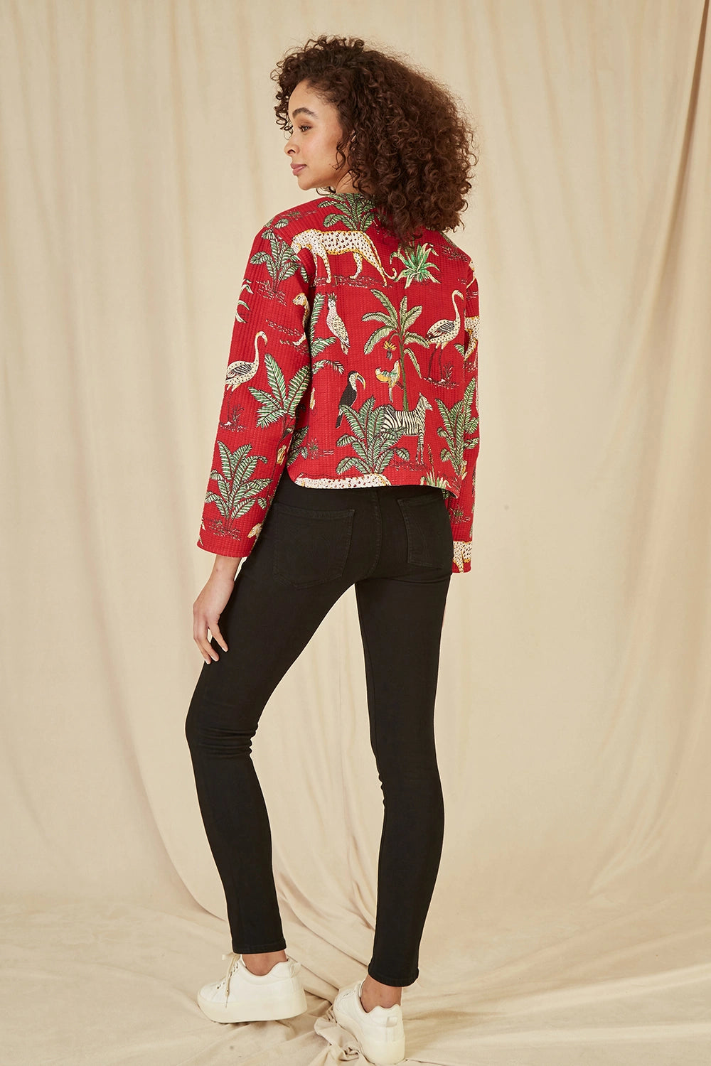 Yumi Red Animal Print Reversible Cotton Cropped Quilted Jacket Yumi