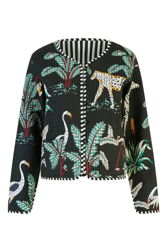 Yumi Black Animal Print Reversible Cotton Cropped Quilted Jacket Yumi