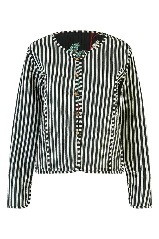 Yumi Black Animal Print Reversible Cotton Cropped Quilted Jacket Yumi