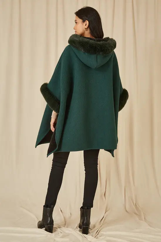 Yumi Green Cape With Luxe Fur Trim And Lining Yumi