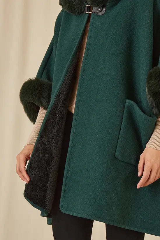 Yumi Green Cape With Luxe Fur Trim And Lining Yumi