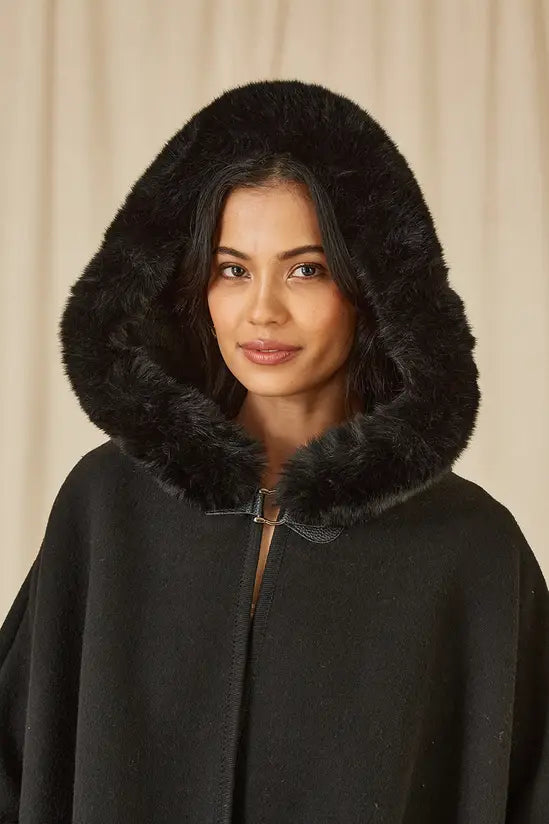 Yumi Black Cape With Luxe Fur Trim And Lining Yumi
