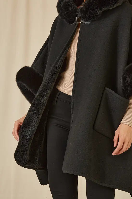 Yumi Black Cape With Luxe Fur Trim And Lining Yumi