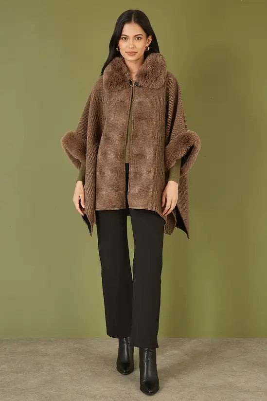 Yumi Brown Cape With Luxe Fur Trim And Lining Yumi