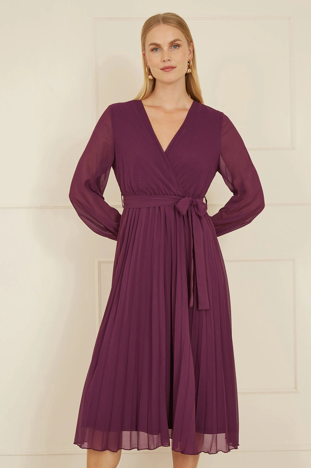 Yumi Plum Pleated Wrap Midi Dress With Sheer Long Sleeves | Yumi Yumi Plum Pleated Wrap Midi Dress With Sheer Long Sleeves | Yumi
