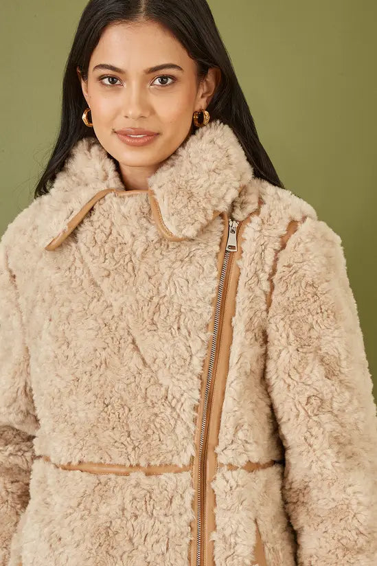 Yumi Brown Textured Borg Long Line Biker Coat Yumi